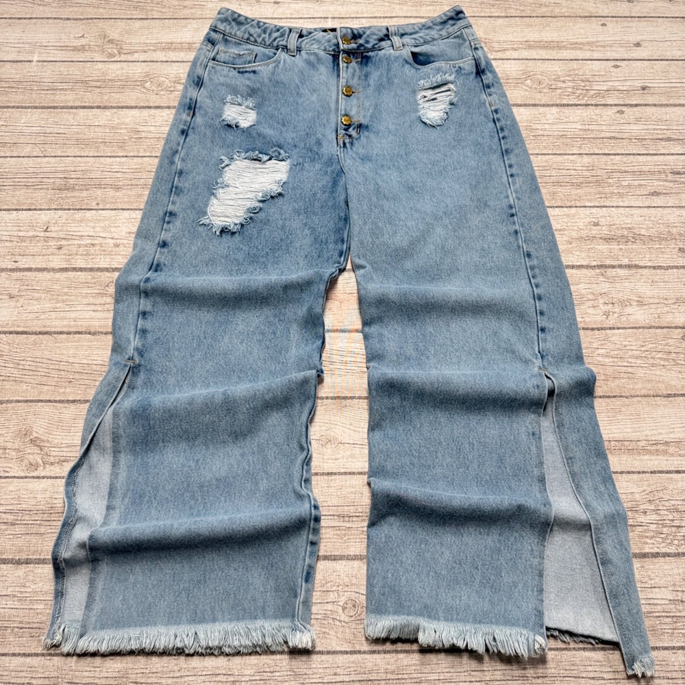 Y2K Wide leg Jeans Womens 32 Blue Light Wash Baggy Fit High Rise Split Hem Akyla